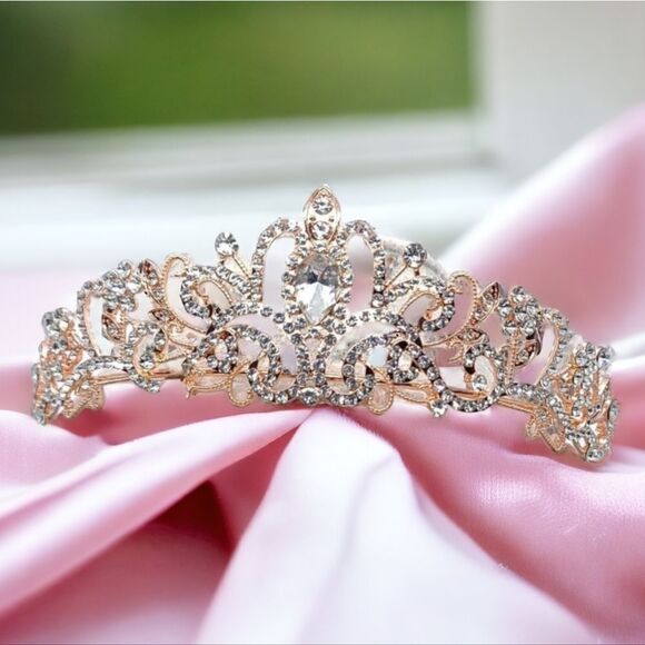 Rose Gold Tiara Bridal Pageant Crown Shiny Rhinestone Princess Birthday Wedding